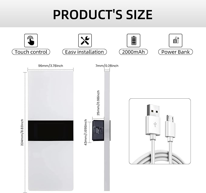 MEHIDFY Wall Sconces Sets of 2, Dimmable Touch Control Wall Lamp, Rechargeable LED Wall Sconces, Battery Operated Wall Lights, Bedside Lamp, Reading Light Bedroom with 4 Brightness (Warm White)