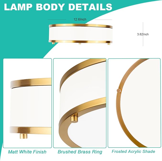 Edwarmlux 12.5 Inch LED Flush Mount Ceiling Light Fixture, 26W, Modern Ceiling Light, 3 Color Adjustable 3000K/4000K/5000K, Dimmable Ceiling Lamp for Bedroom Hallway Bathroom Kitchen (White Gold)