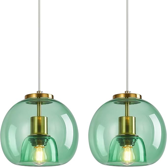 Light Green Glass Pendant Lights Kitchen Island Gold Hanging Light Fixture Glass Globe Pendant Light Modern Pendant Lighting for Kitchen Island Bedroom Dining Room (7.87", 2 Pack)
