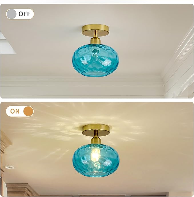 Blue Glass Semi Flush Mount Ceiling Light - 2 Pack,7.9 Inch Hammered Glass Small Hallway Light fixtures, Vintage Gold Art Deco Flush Mount Ceiling Light for entryway Foyer Laundry Room Kitchen