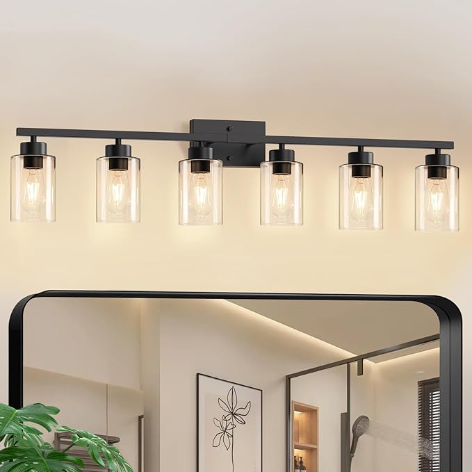 IZORRO Modern Bathroom Light Fixtures, 6 Light Black Vanity Lights, Bathroom Lighting Fixtures Over Mirror with Clear Glass for Living Room Cabinet Bedroom