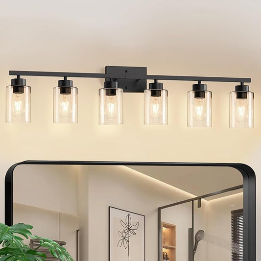 IZORRO Modern Bathroom Light Fixtures, 6 Light Black Vanity Lights, Bathroom Lighting Fixtures Over Mirror with Clear Glass for Living Room Cabinet Bedroom