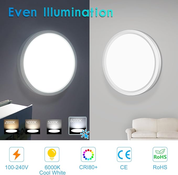 LightingWill 7 Inch LED Flush Mount Ceiling Light Fixture, 6000K Cool White, 1500LM, 12W, Flat Modern Round Lighting Fixture, 120W Equivalent White Ceiling Lamp for Kitchens, Bedrooms.etc.