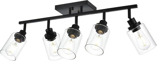 5-Light Track Lighting Kit Black Track Lighting Fixtures Bathroom Wall Sconces Ceiling Mount Kitchen Tracking Lights, Rotatable Spotlight with Clear Glass Shade for Kitchen Shop Hallway