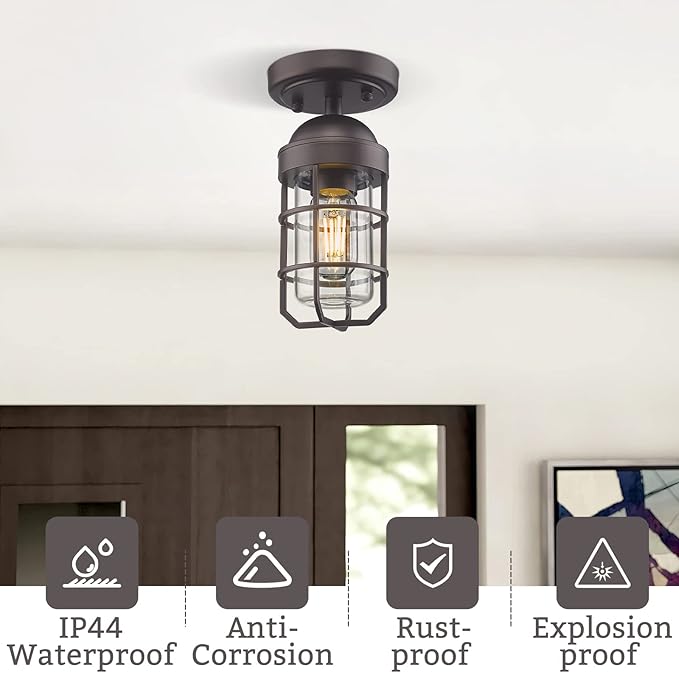 Emliviar Farmhouse Ceiling Light, Vintage Semi Flush Mount Light for Indoor, Security Light with Clear Tempered Glass, Oil Rubbed Bronze Finish, GE255F ORB