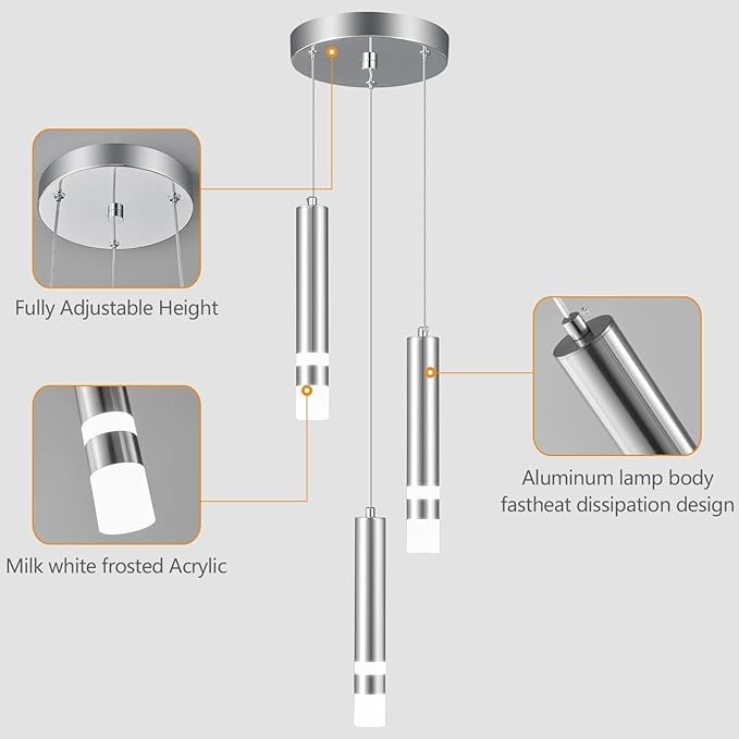 Modern Pendant Light Kitchen Fixture Dimmable LED Chrome Mini Pendant Lighting fo Kitchen Island Bedroom Bedside Table Small Pendant Lights (3-Light)