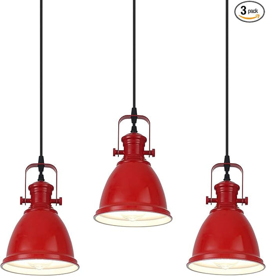 Red Pendant Lights Kitchen Island 3 Pack, Vintage Pendant Light, 6.5’’ Farmhouse Pendant Light Fixtures, Adjustable Height, Pendant Lighting for Dining Room, Living Room, Sink, Bar