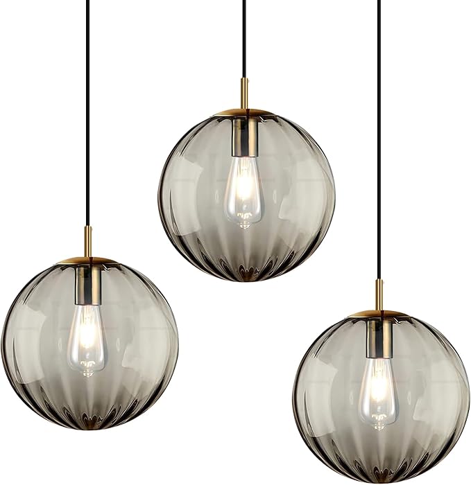 Modern Smoke Grey Glass Pendant Light, Kitchen Island Lighting 3-Pack Globe Pendant Light Fixtures Century Kitchen Island Pendant Lighting for Bedroom Living Dining Room Light Fixture (Without Bulb)