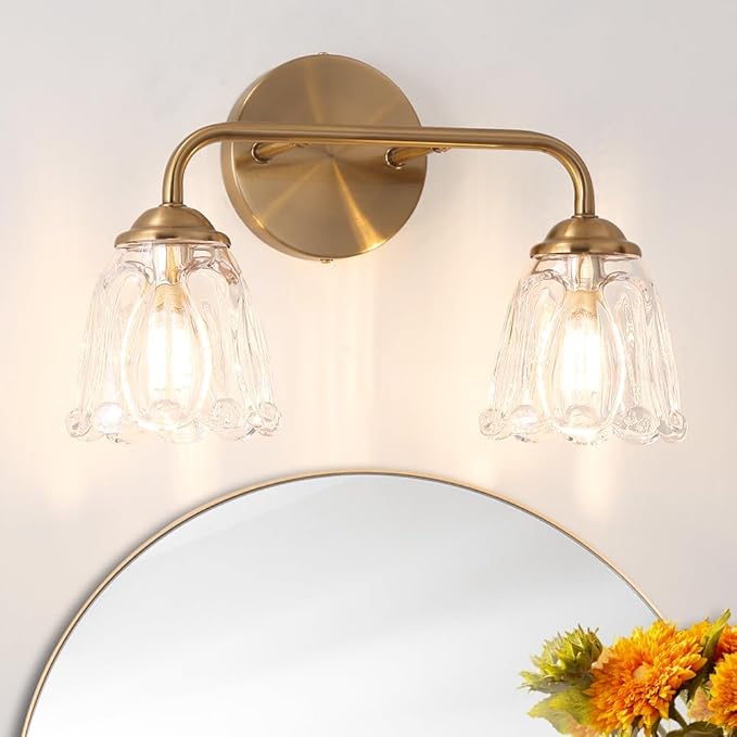 Daunton Vintage Brass Vanity Light, 2-Light Bathroom Lighting Fixtures Over Mirror, Elegant Vanity Lighting for Bathroom with Clear Glass Shade, Gold Wall Sconce Lighting for Bedroom, Living Room