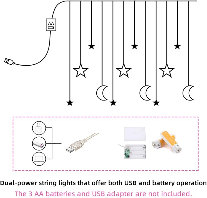 Moon and Stars Decor Curtain Lights, 11.5ft String Lights for Bedroom, Christmas, Ramadan Decor, Indoor LED Fairy Twinkle Light, Battery Operated or USB Plug-in (Warm Yellow)
