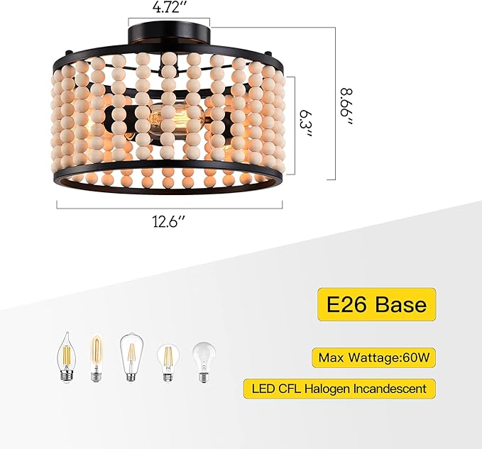 Farmhouse Boho Light Fixture, 3-Light Wood Beaded Chandelier, Black Semi Flush Mount Ceiling Light for Dining Room, Kitchen, Hallway, Bedroom, Living Room