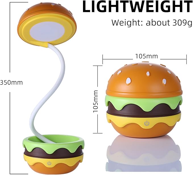 Small Table Lamp Hamburger Night Light Cute Rechargeable LED Desk Lamp with Dimmable Flexible Hose Touch Switch Nursery Night Light Kawaii Desk Accessories Room Decor for Boys Girls Kids Gifts