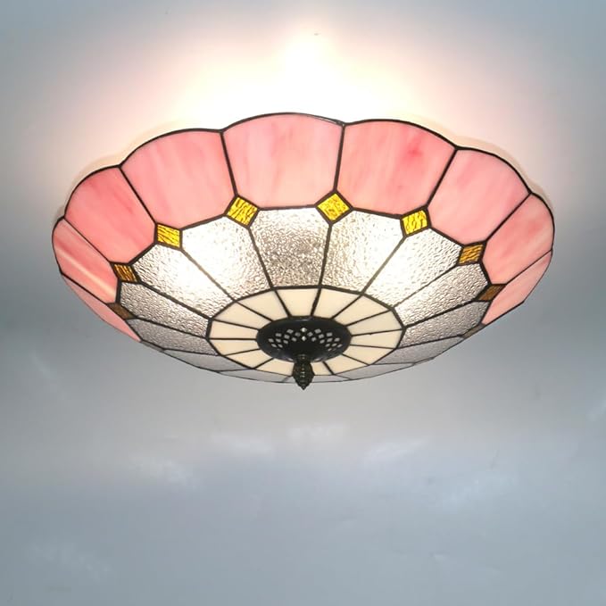 Tiffany Style Ceiling Light 16 Inch 3-Lights Vintage Pendent Stained Glass Flush Mount Ceiling Light Chandelier Lighting Fixtures for Bedroom Dining Room Living Room (Pink 16 Inch)