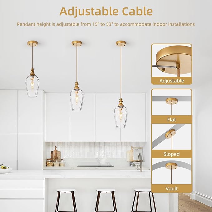 Pendant Lights Kitchen Island, Brushed Gold Modern Pendant Light Fixtures, Adjustable Cable Hanging Lighting with Hand-Blown Glass Shade & E26 Base for Bedroom, Hallway, Dining Room, 2 Pack