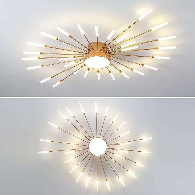 ziidoo Modern Ceiling Light, 28+1 Lights Metal Firework Designed Chic Led Lighting Fixture for Farmhouse Kitchen Dining Room Bedroom Hallway Living Room (Gold and Dark Gold)