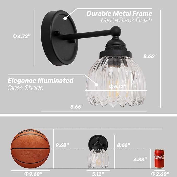 Vintage Hardwired Tulip Glass Wall Sconce Lighting, 1-Light Bathroom Vanity Light Fixture for Hallway Bedroom Living Room Bedside Nightstands Lights