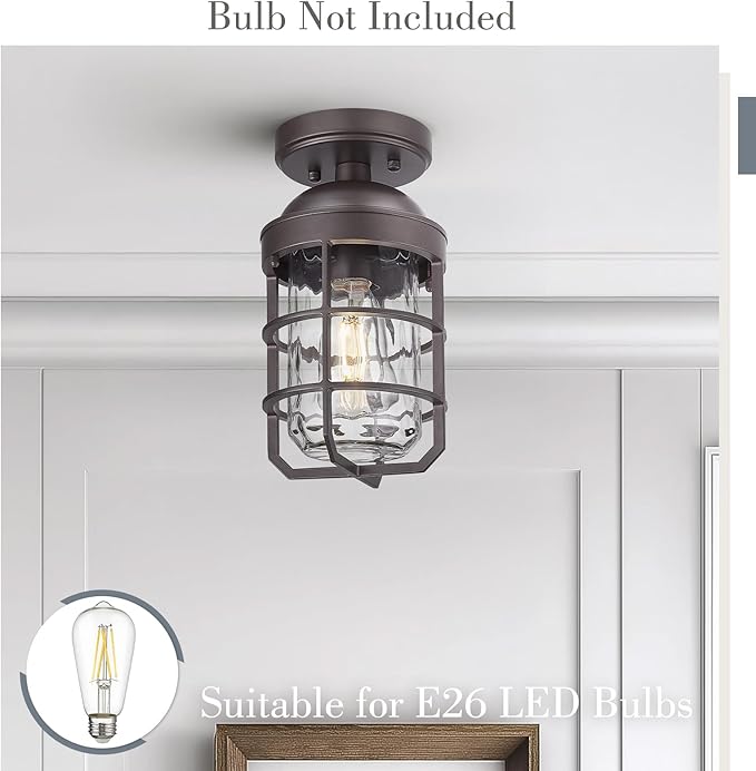 Emliviar Oil Rubbed Bronze Finish Light Fixture Ceiling Mount, Retro 11.1" Semi Flush Lighting with Water Ripple Glass Shade, GE255LF ORB-WG