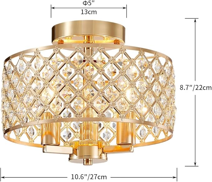 AGV LIGHTING Semi Flush Mount Ceiling Light Fixture, Modern Crystal Ceiling Light Fixture, 3-Lights, Soft Light Gold