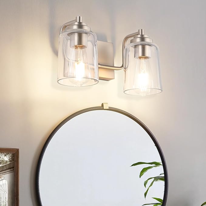 SOLFART Brushed Nickel Vanity Light 2 Light Bathroom Vanity Light Bathroom Lights Vanity Lighting Fixtures Wall Lights Over Mirror