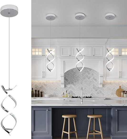CANEOE Spiral Led Pendant Light Fixture,15W Cold White Light Modern Integrated LED Hanging Lamp, Adjustable Island Light Fixture for Living Room Bedroom Kitchen Sink, 1 Pack (Chrome)