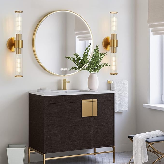 Gold Bathroom Light Fixtures 2 Pack, Vanity Lights for Mirror with Threaded Glass Shade, 20 Inch Up and Down Wall Sconces for Bathroom Bedroom Living Room Hallway - Bulb Not Included