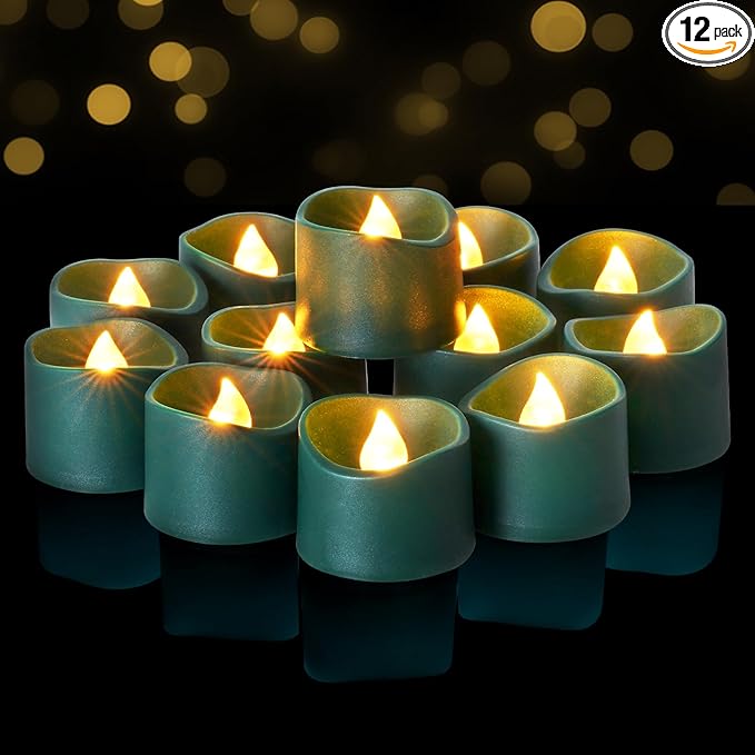 Raycare Green Battery Operated Tea Lights, 200+Hour Electric Flickering Flameless Candles, Realistic Votive LED Tea Lights for for St. Patrick's Day Theme Party Halloween Christmas Decorations,12Pcs