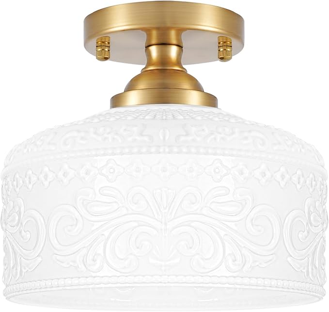 Artistic Gold Handcrafted Semi Flush Mount Ceiling Light - 12 Inch Vintage White Glass Shade with Etched Patterns, Easy Install Small Ceiling Light Fixture for Hallway, Kitchen, Bedroom