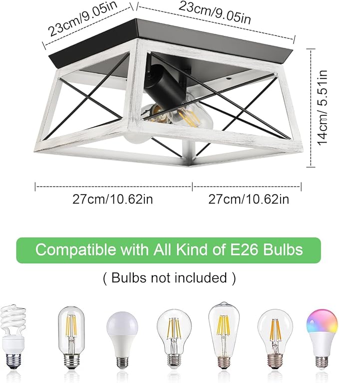 Farmhouse Flush Mount Ceiling Light Oak White Ceiling Light Fixtures 2-Light Industrial Vintage Metal-Framed Ceiling Lighting for Hallway Foyer Kitchen Dining Room Bedroom Living Room Laundry