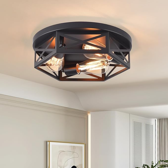 Black Flush Mount Ceiling Light,Hallway Light Ceiling Mount,Industrial Vintage Metal Cage Close to Ceiling Lights for Kitchen,Farmhouse,Bedroom