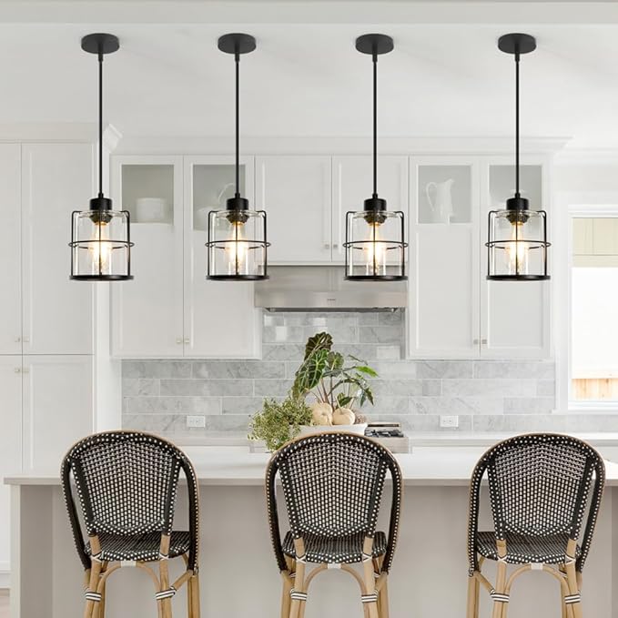 Farmhouse Pendant Lights Kitchen Island Set Of 2, Black Kitchen Island Lighting With Adjustable Rods, Industrial Cage Bathroom Pendant Lights With Clear Glass For Dining Room Hallway Sink