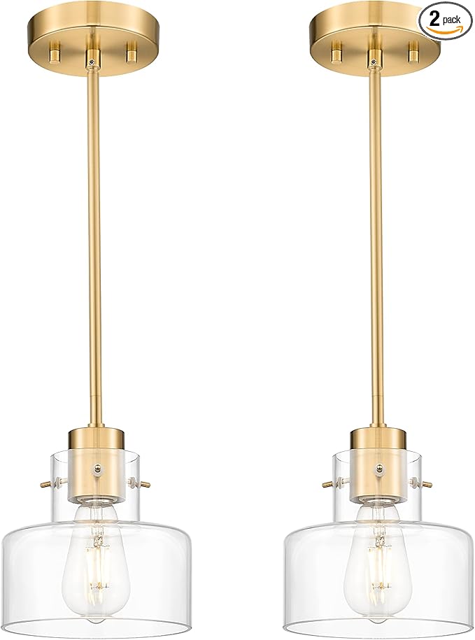 2 Pack Pendant Lights Kitchen Island, Brushed Gold Pendant Light Fixtures Over Island with Clear Glass Shade, 6" Modern Brass Kitchen Island Lighting for Dining Room Entryway, PL124-BG-G-2PK