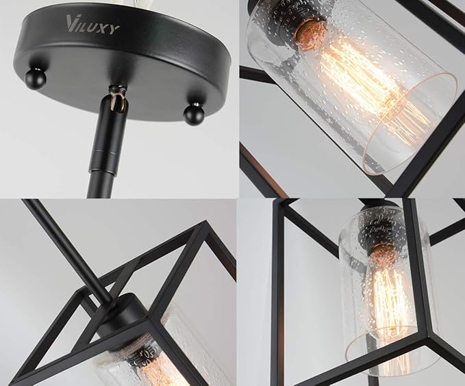 VILUXY Black Pendant Lights Kitchen Island Farmhouse Seeded Glass 1-Light Dining Room Pendant Lamp Fixtures Metal Cage Hanging Lights for Over Sink