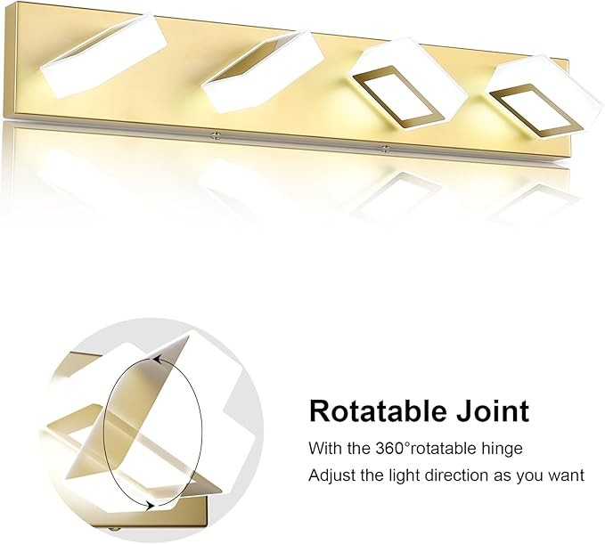Ralbay Modern Gold Vanity Lights for Bathroom 4 Lights LED Over Mirror Fixture Acrylic Wall Light, 25.6 Inch, White Light 6000K, 8590-Gold-Silver