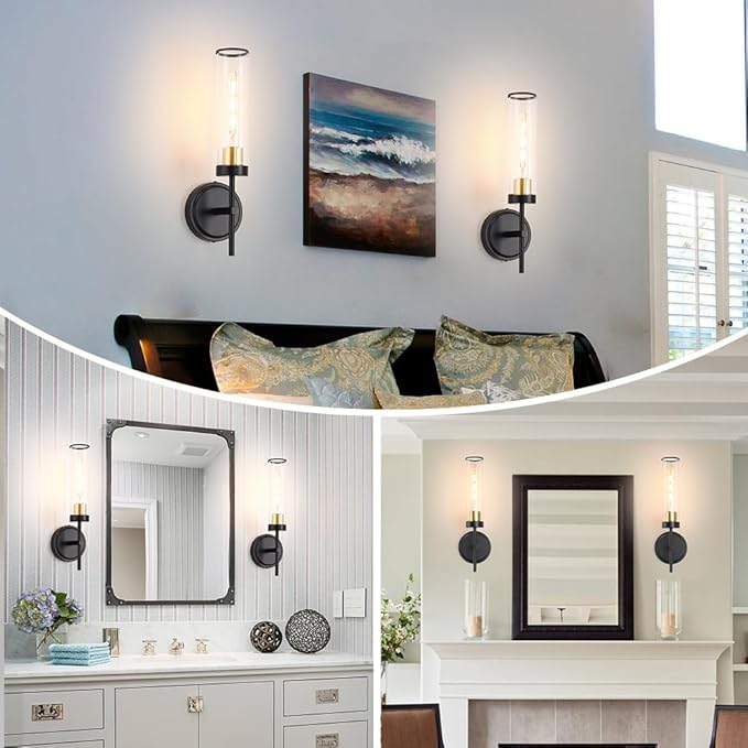 Wall Sconces Set of Two, Black and Gold Bathroom Sconces Wall Lighting with Clear Glass, Modern Sconces Wall Decor Set of 2, Farmhouse Wall Mount Lights for Mirror Bedroom Living Room Hallway Kitchen