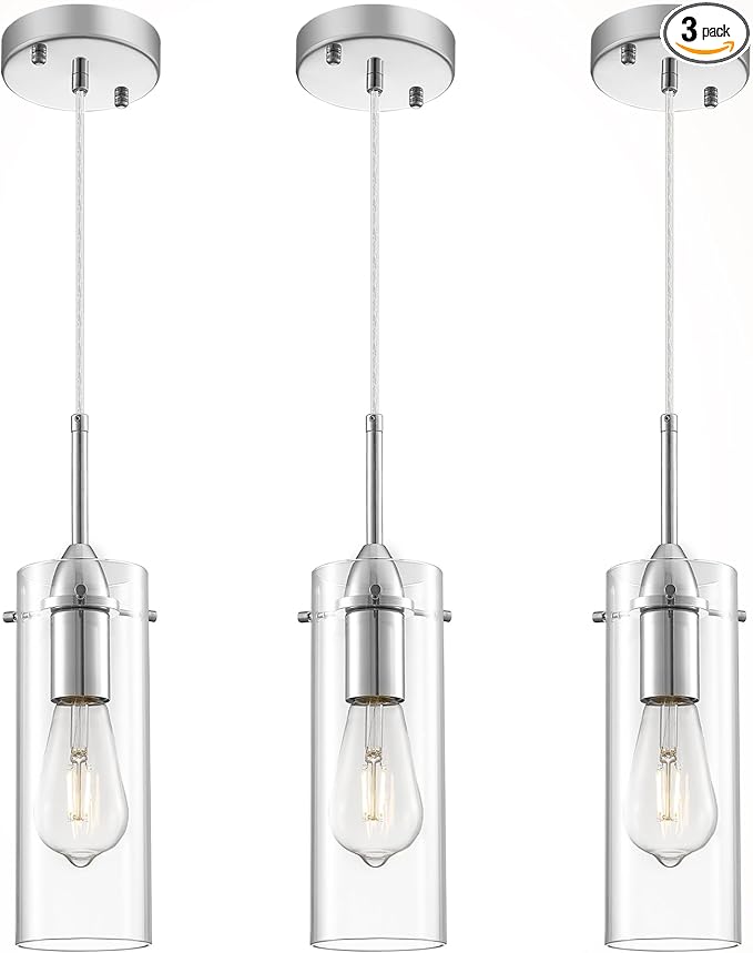 Chrome Pendant Lights Kitchen Island 3 Packs, Glass Pendant Light, Modern Clear Glass Pendant Light Fixture, Pendant Lights for Kitchen Island, Living Room, Bathroom