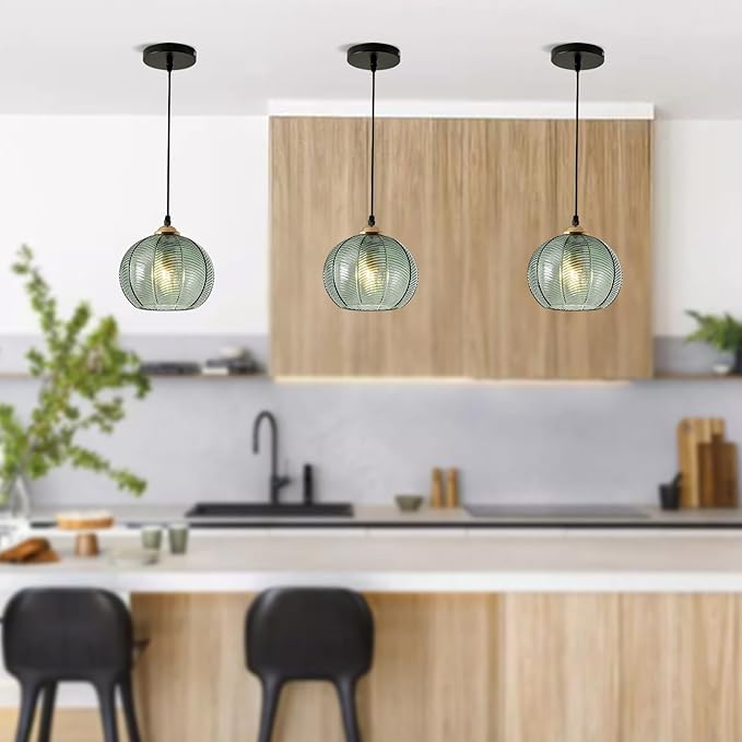 Green Pendant Light 7.8" Glass Globe Pendant Lighting Vintage Pendant Light Kitchen Island Lights Ceiling Hanging Ribbed Glass Chandelier Light Fixture for Dining Room Living Room Bedroom