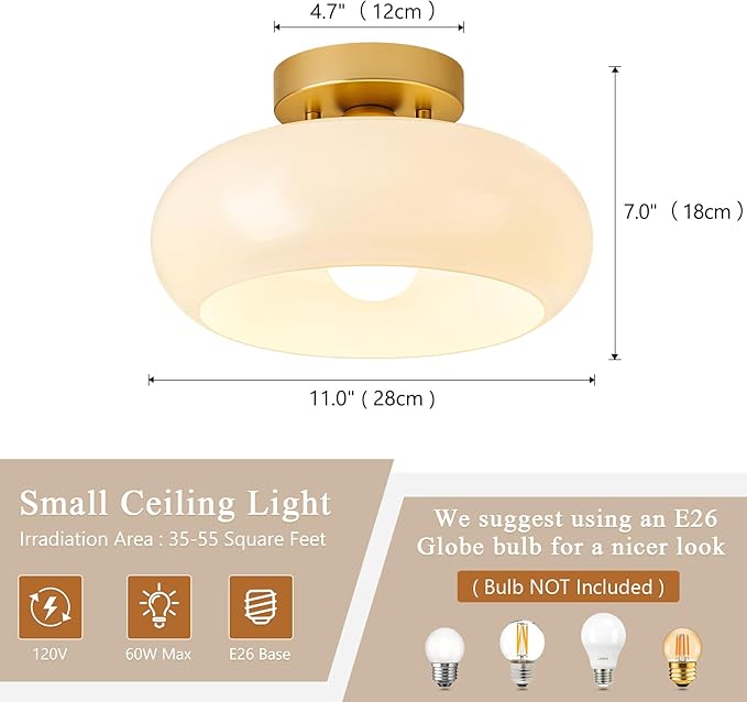Mid-Century Modern Gold Semi Flush Mount Ceiling Light,White Glass Dome Hallway Lighting Fixtures, Metal Close to Ceiling Lamp for Entryway Bathroom Kitchen Bedroom Porch Foyer Office(11 Inch)