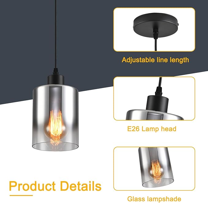 3-Pack Silver Gradient Industrial Pendant Lighting, Modern Black Glass Shade Farmhouse Adjustable Hanging Light Fixtures for Kitchen Island Living Room Bedroom Hallway