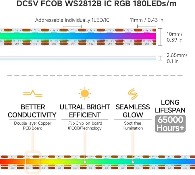 BTF-LIGHTING FCOB COB WS2811(WS2812B) IC RGB 180LED/m 540IC LED Strip DC5V 9.8FT Individual Addressable,UL Listed,High Density Uniform Light Dream Chasing Color 10mm Width(NO Adapter or Controller)
