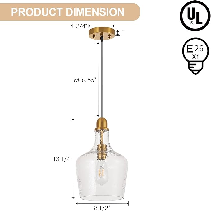 Glass Pendant Light Modern Brass 1 Light Single Dome Pendant Lighting Fixtures for Kitchen Island Dining Room Hallway, Dia 9 Inch, E26, UL Listed