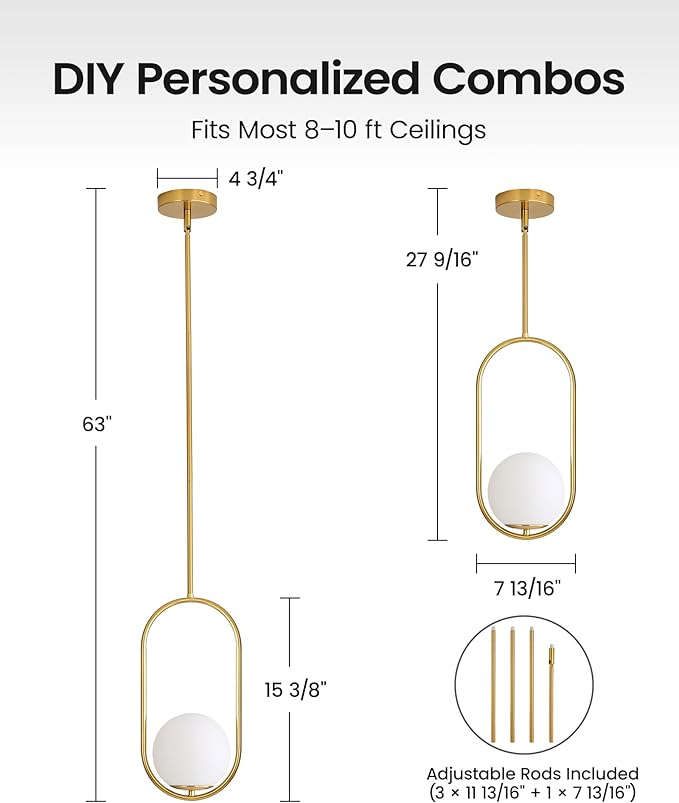 Yunnix Pendant Lights Kitchen Island, Pendant Light Fixtures, 2 Pack Modern Gold Globe Glass Pendant Lighting, Brass Mid Century Chandelier One Light for Bathroom Bedroom Dining Room