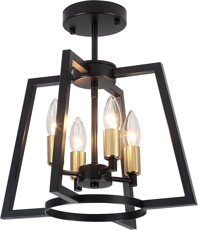 TOULMJ 4-Light Semi Flush Mount Ceiling Light, 14.56" Farmhouse Black Gold Ceiling Light Fixture for Kitchen Island Foyer Hallway Entryway Dining Laundry Room