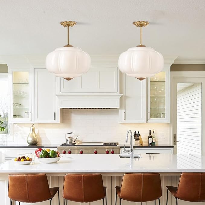 Vintage Milk Glass Ceiling Light Fixture, Antique White Semi Flush Mount Milk Glass Pendant Light, 15" Farmhouse Mid Century Ceiling Light for Kitchen Hallway Schoolhouse Dining Room Bedroom