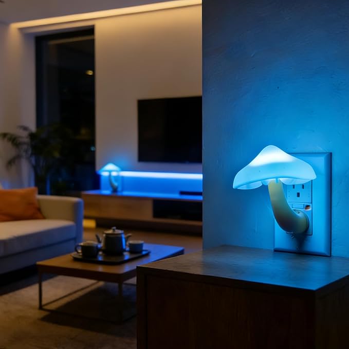 AUSAYE 3Pack Sensor LED Night Light Plug in Lamp Magic Mushroom Nightlight Cute Night Lights for Adults Kids Bedroom, Bathroom,Toilet,Hallway,Stairs,Kitchen Blue