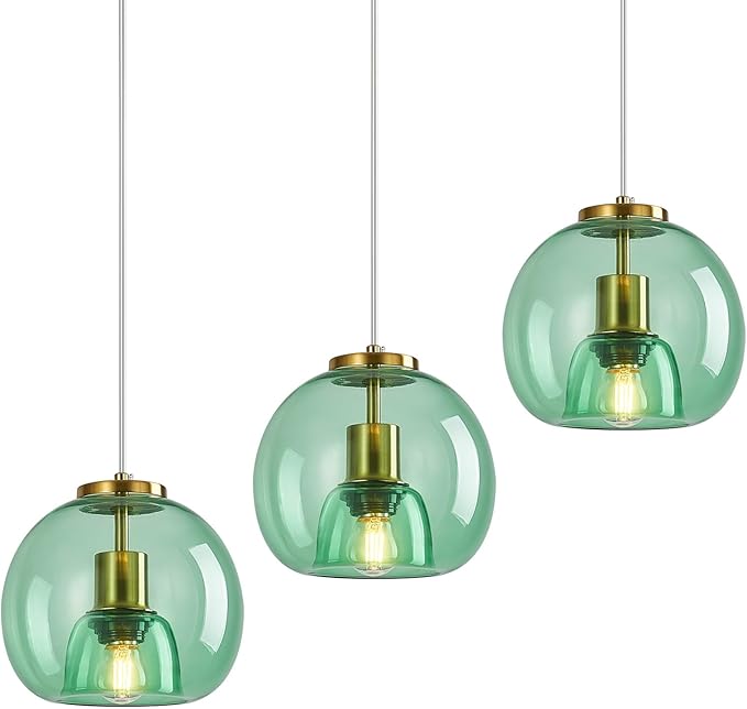 Light Green Glass Pendant Lights Kitchen Island Gold Hanging Light Fixture Glass Globe Pendant Light Modern Pendant Lighting for Kitchen Island Bedroom Dining Room (7.87", 3 Pack)