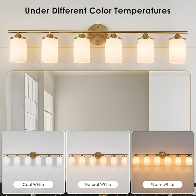 Jonsi Gold Bathroom Light Fixtures 6-Light Vanity Lights Modern Wall Sconce with Milk White Shade Brushed Brass Bathroom Light Fixture Over Mirror for Bedroom Hallway Kitchen