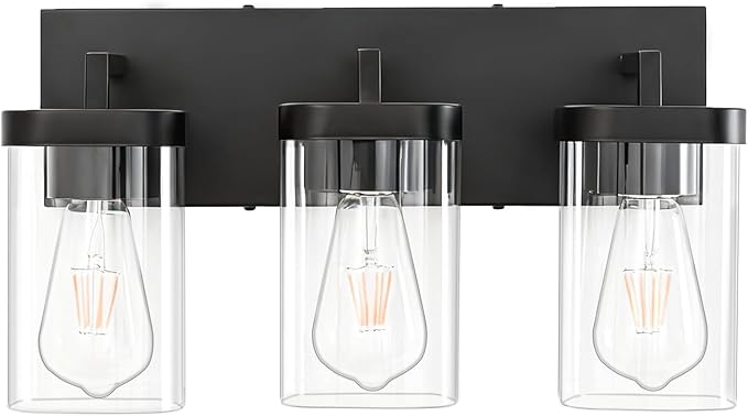 3-Light Bathroom Lighting Fixtures over Mirror, Matte Black Vanity Lights with Square Transparent Glass Shade, Modern Bathroom Vanity Light for Mirror Kitchen, Living Room, Gallery, Hallway