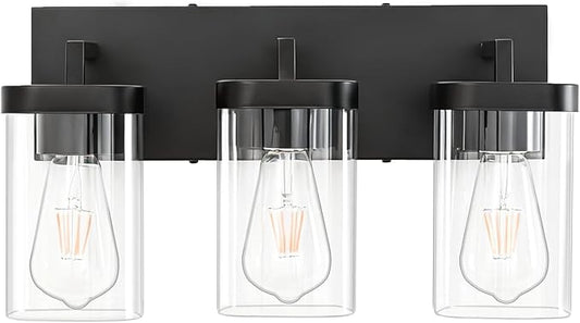 3-Light Bathroom Lighting Fixtures over Mirror, Matte Black Vanity Lights with Square Transparent Glass Shade, Modern Bathroom Vanity Light for Mirror Kitchen, Living Room, Gallery, Hallway