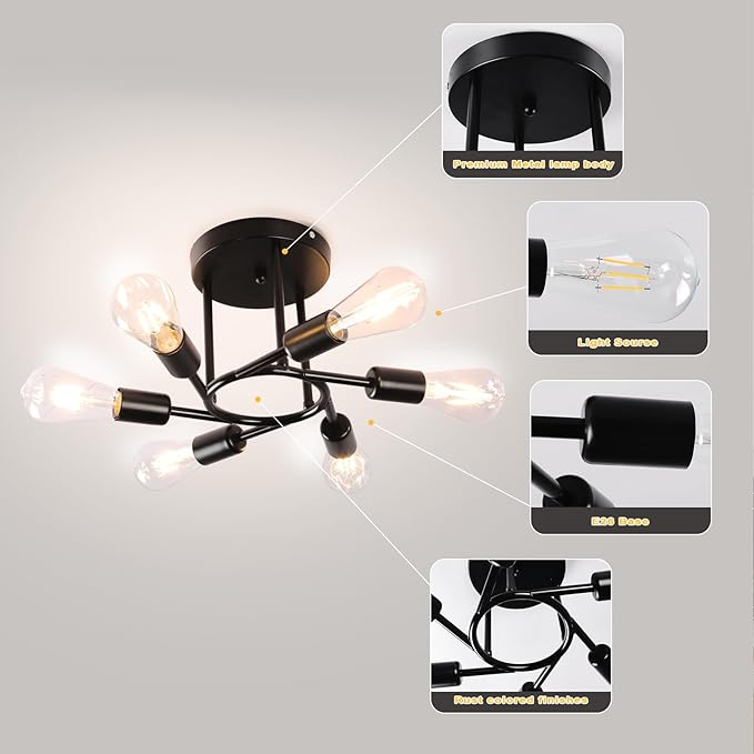 Finktonglan 6-Light Semi Flush Mount Ceiling Light, Matte Black Sputnik Ceiling Light Fixture, Modern Farmhouse E26 Chandelier for Kitchen, Dining Room, Living Room, Bedroom
