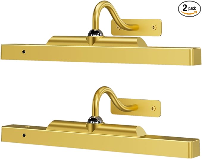 Corless Picture Lights 2 Pack, 4400mAh Battery Operated Wirelesss Wall Lights Sconce, 12" Dimmable Remote Timer for Painting Artwork Living Room (Gold)